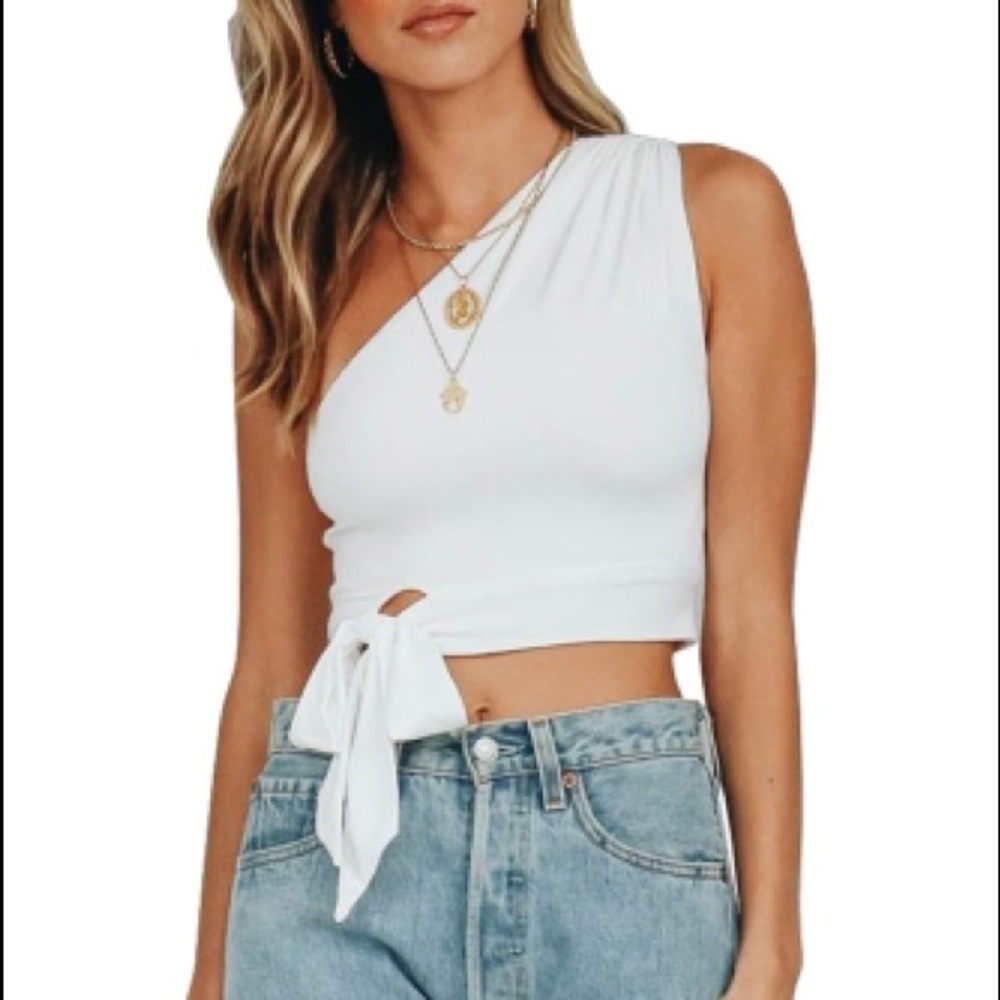 One Shoulder White Tank Bowknot Woman Crop Top